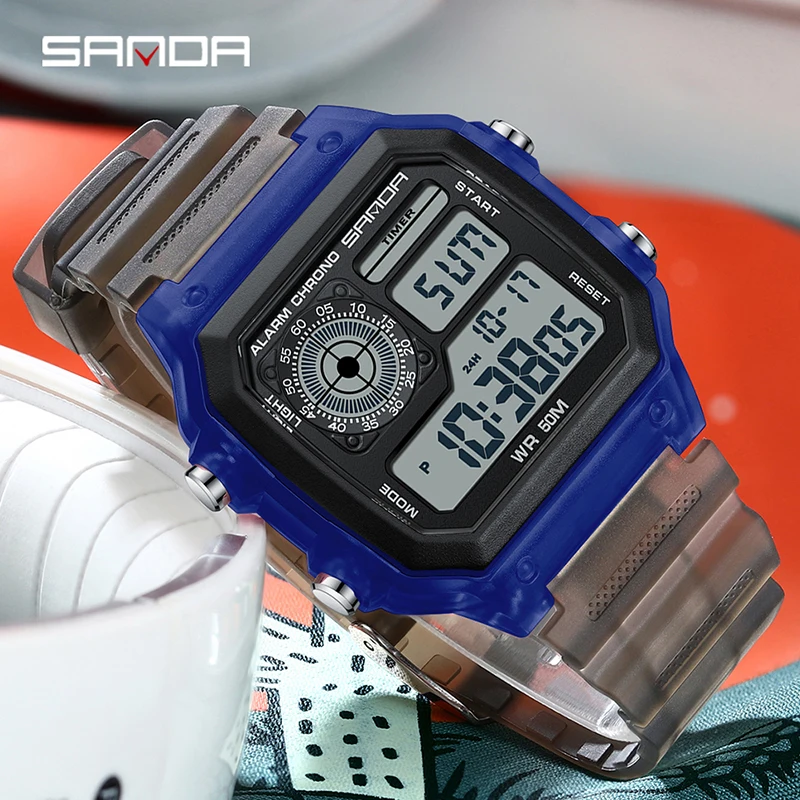 

SANDA 6133 Men's Square Electronic Watch Youth Fashion with Transparent Silicone Strap Wristwatches for Male Student