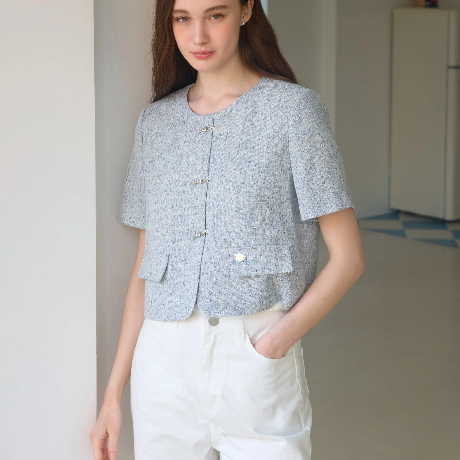 

Summer Short Sleeve round Neck Commute Versatile Slimming Personality Perfume Wind Top Coat Regular Sleeve Length Button Design
