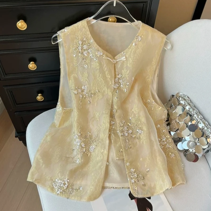 

Spring Summer Women Chinese Style Beading Embroidery Yellow Pearls Button Vest Top , Woman Vintage Organza Tops Vests