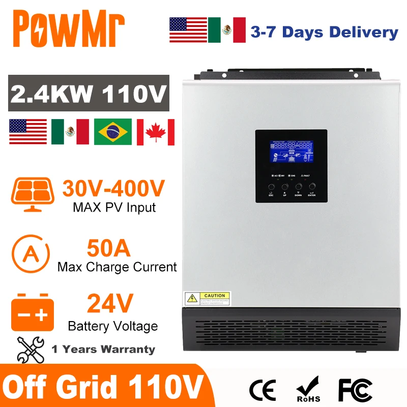 US MX Warehouse PowMr 2400W Hybrid Solar Inverter 24V 110V Pure Sine Wave Off Grid Inverter with PWM 50A Solar Charge Controller