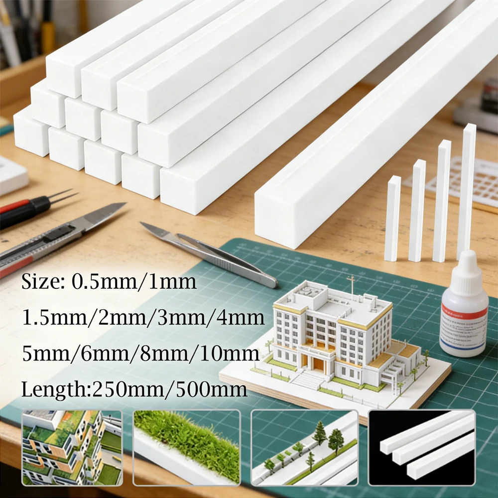

2-50pcs White ABS Square Sticks 0.5-10mm Structural Model Building Rods for Lightweight Architectural Frames And Supports