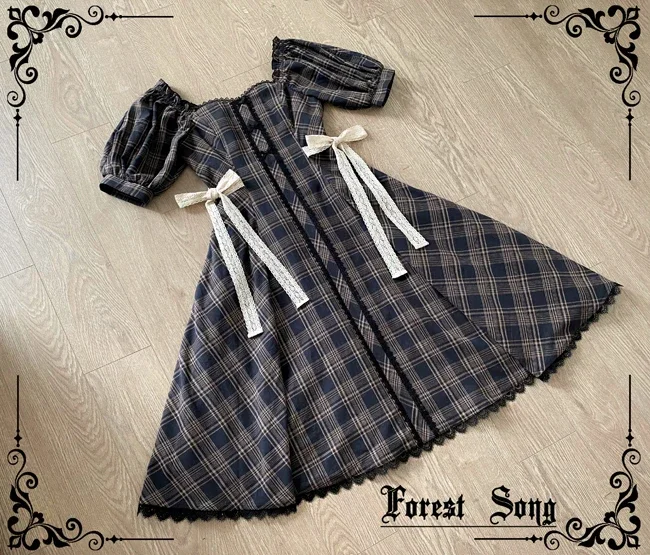 Preppy Style Op Plaid Elegant Slim Lolita Dress 2024 Spring and Summer Women Girls Short Sleeve JK Calf-length Dresses