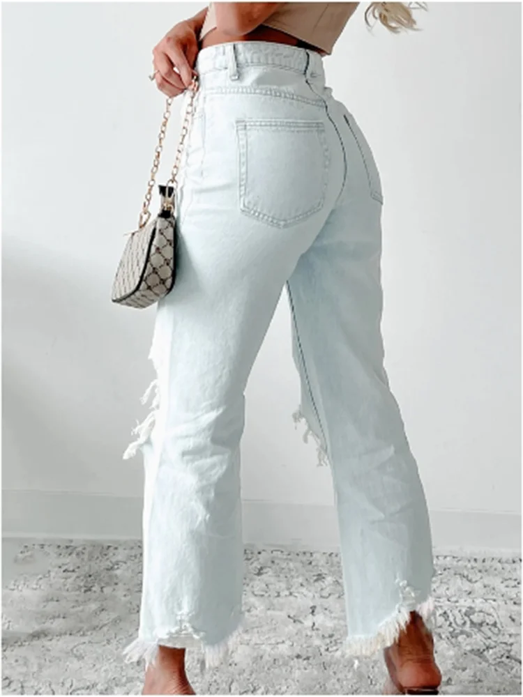 Micro Elastic High Waisted Pants Solid Color Pockets Women's Ripped Pants High Street Fashion Daily Versatile Spring Jeans