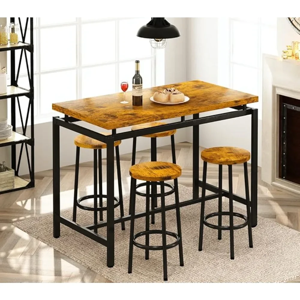 Bar table and set of 4 chairs, industrial counter height bar table with bar 5-piece set, PU upholstered stool with backrest