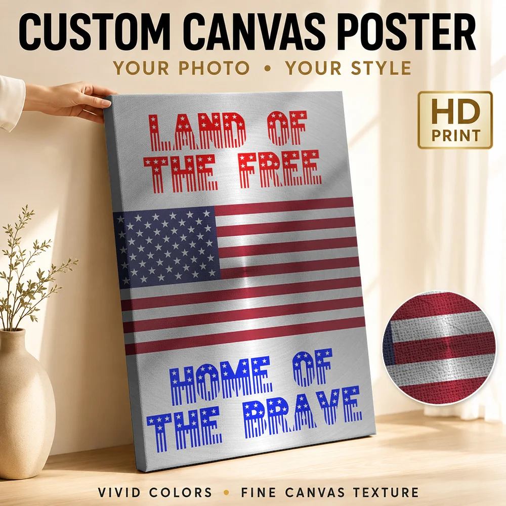 Land Of The Free US Flag Canvas Poster Custom Photo Modern Aesthetic Canvas Wall Art for Bedroom Decor Ready to Hang Home Gift