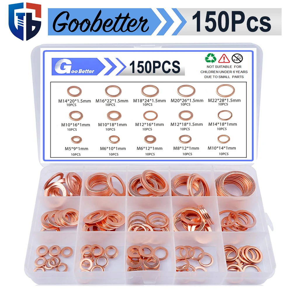 

150PCS M5-M22 Copper Metric Sealing Washer Assortment Set Flat Ring Seal Gasket Sealing for Screws DIY