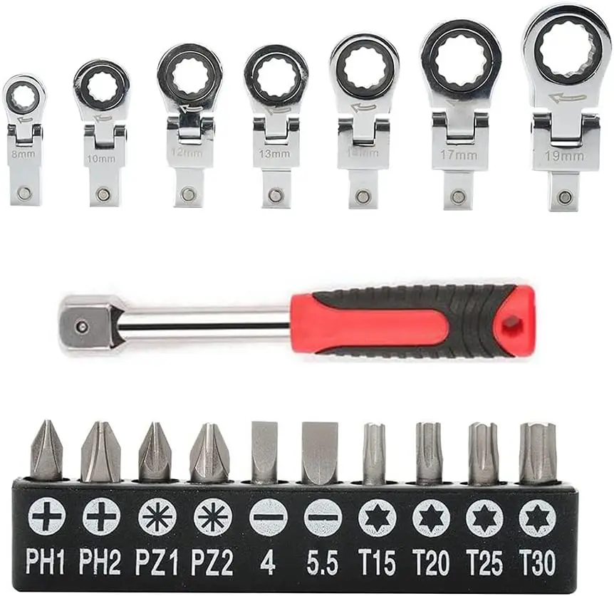 20 Pcs Flex Head Ratchet Wrench Set, 8mm-19mm Changeable Torx Head Wrench Ratchet Screwdriver Multi Tool Set with Case