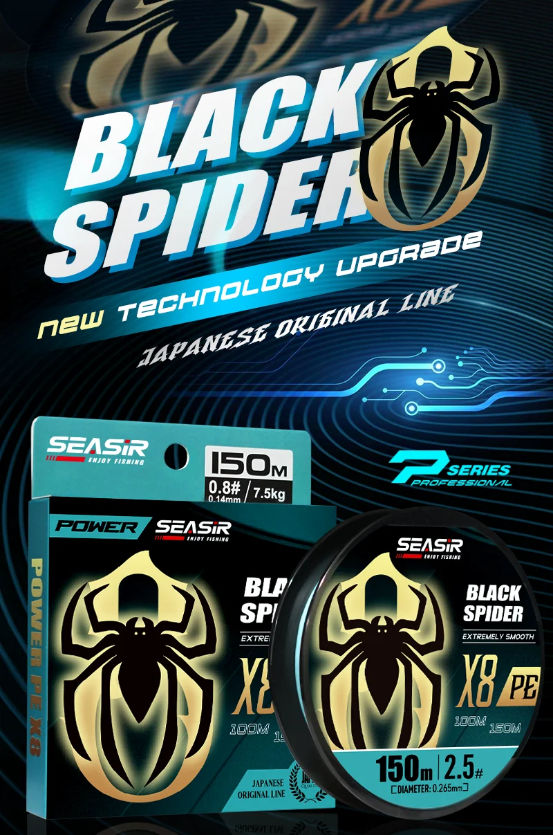 Seasir P-Series Black Spider 8 geflochtene PE-Angelschnur, Eisblau, 8 Stränge, Pe-Angelschnur, 150 m, 16–46 lb – Detail 3