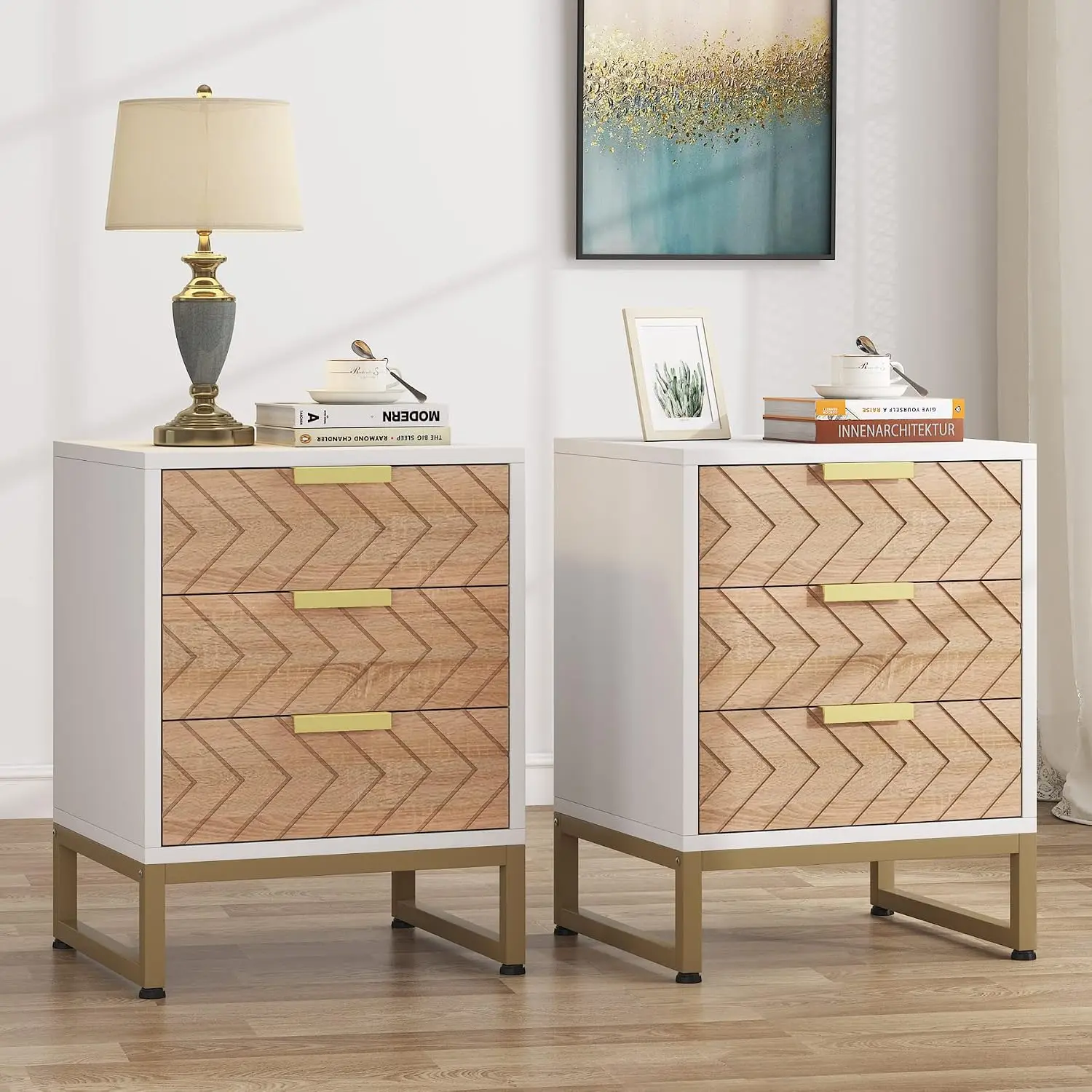 Nightstand Set of 2, Modern 3 Drawers Bedside Table with Unique Zig Zag Design, White Gold Side End Table Set of 2, Customized