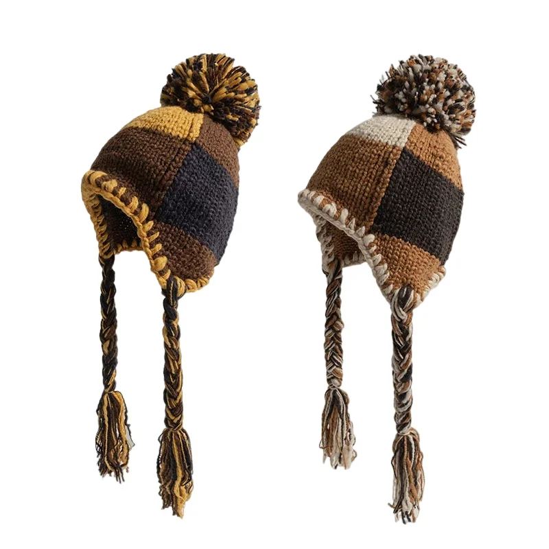 Vintage Handmade Tassel Braid Knitted Hat Women Winter Version Plaid Hairball Versatile Thermal Ear Protector Warm Bomber Hat