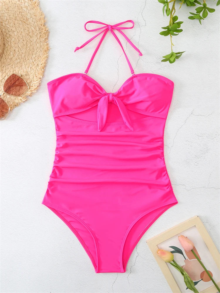 One Piece Women Swimsuit 2023 New Solid Halter Bow Swimwear Push Up Sexy Bodysuit Monikini Summer Beach Wear Bathing Suit Female