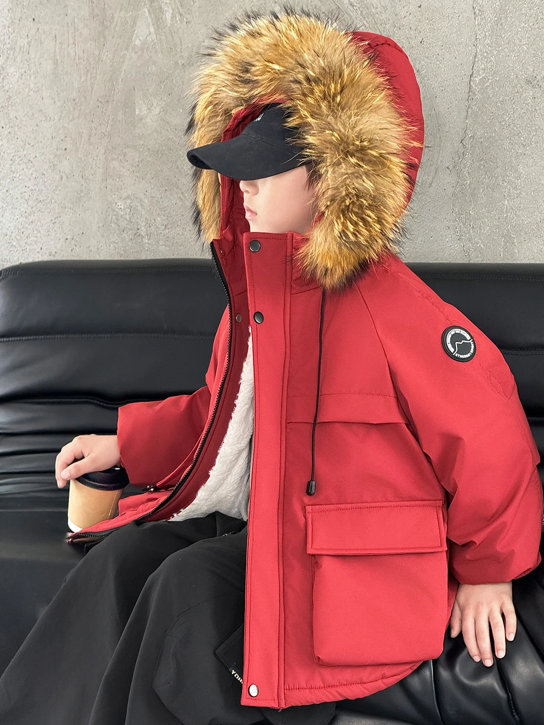 

Thiened Rabbit Fur Collar Cotton Jaet for Boys Winter Coat Youth Faion Stand Fit Long Sve Zipper Closure Warmth