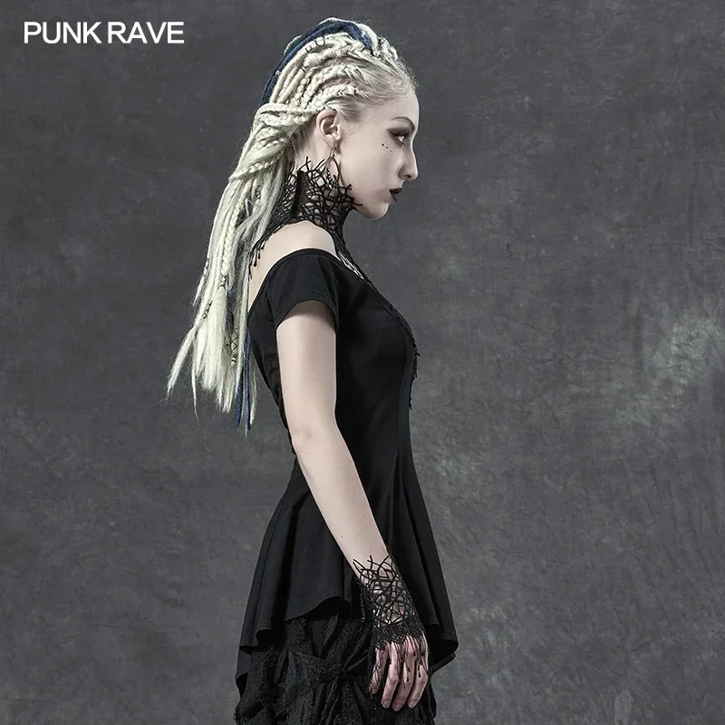 PUNK RAVE-تي شيرت نسائي مطرز بأكمام قصيرة ، قوطي ، أكتاف عارية ، مثير ، غير رسمي ، مطاطي ، منسوج ، صيفي