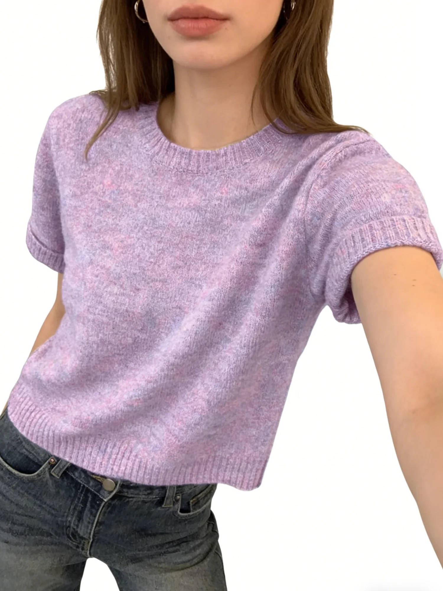 

Женский фиолетовый топ больших размеров на весну/лето, повседневный, простой, вязаный, с круглым вырезом и короткими рукавами.