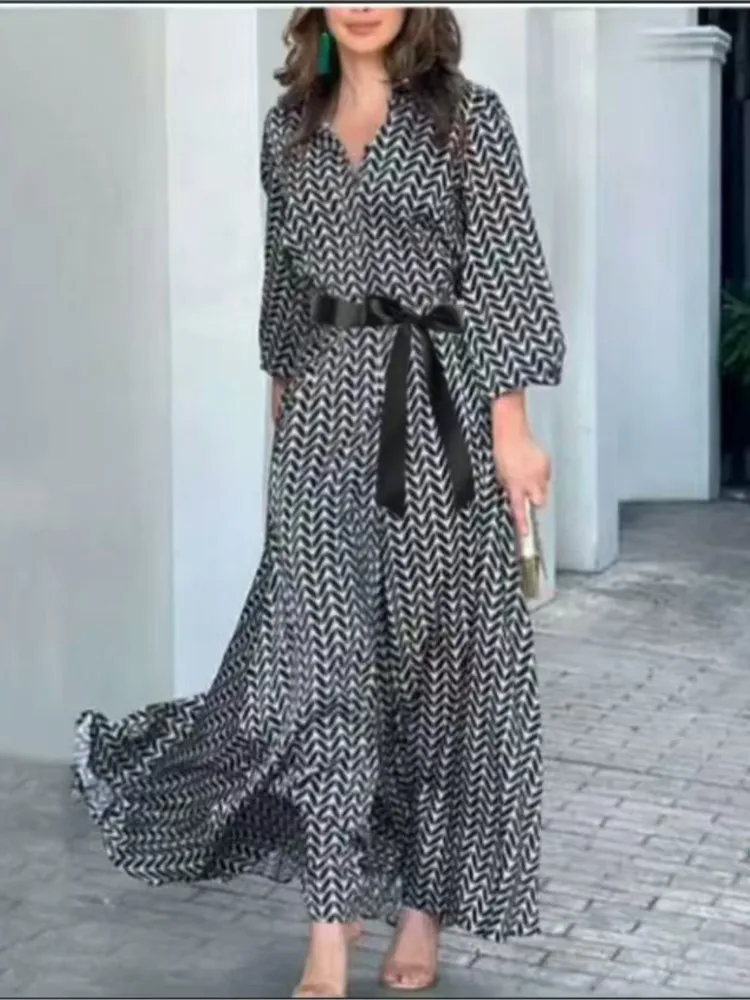 

Elegant Wavy Pattern Shirt Dress Sprign Autumn Vintage Temperament Lantern Sleeve Office Loose Long Dresses For Women Vestidos