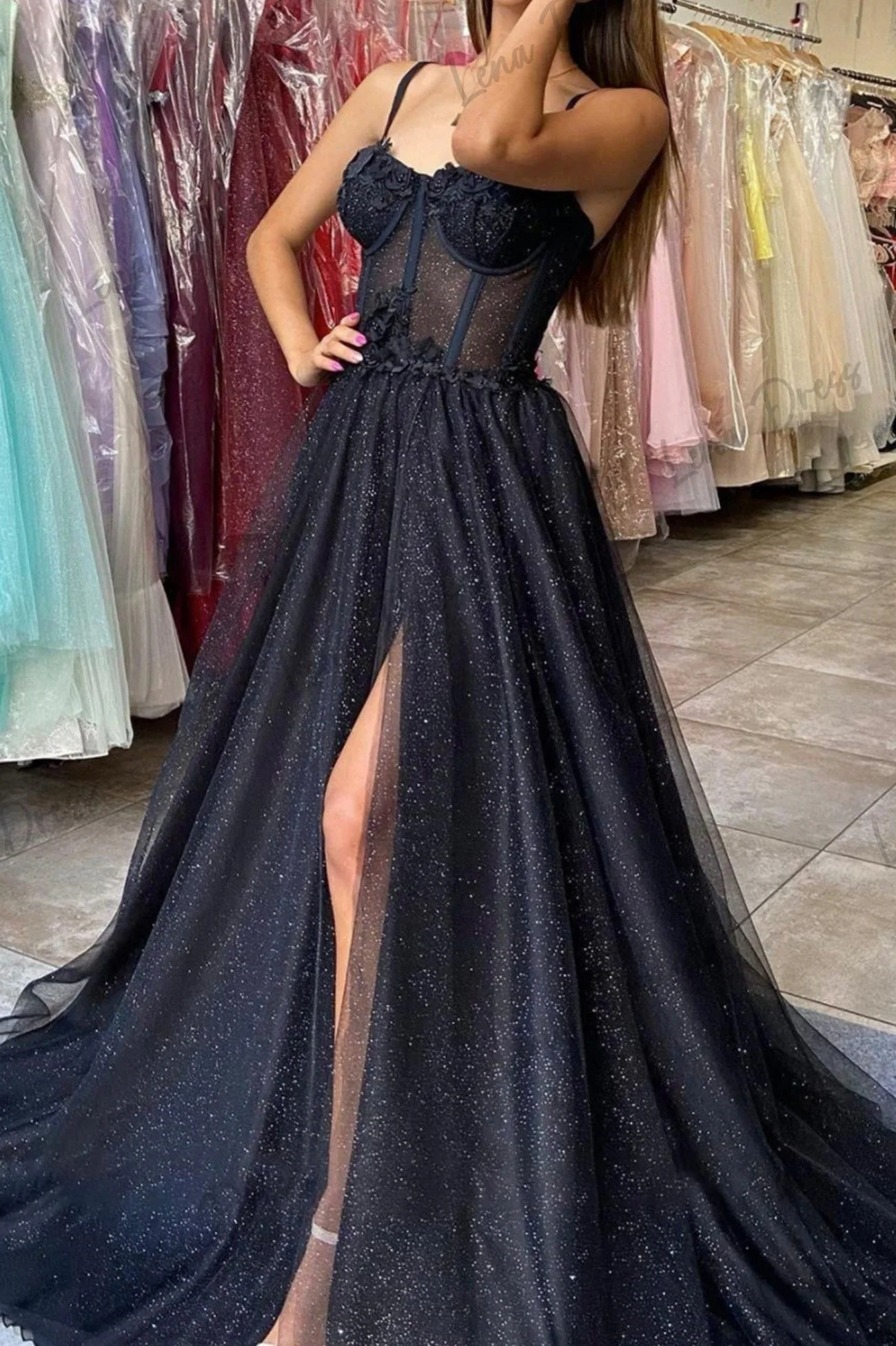 Black Prom Dresses Sale Gauze Elegant Party Dresses for Women Luxury Prom Dress 2024 Line A Lena Spaghetti Straps Lace Evening