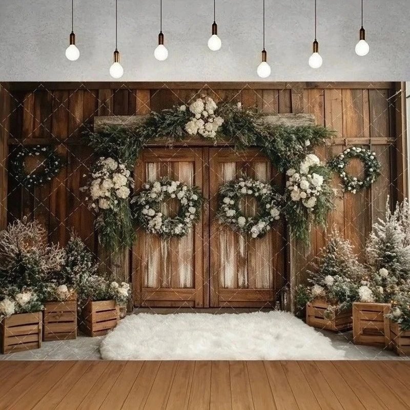 

Christmas Brown Wooden Door Banner Photography Background, Green Christmas Tree Lamp Wreath House Family Photography Background