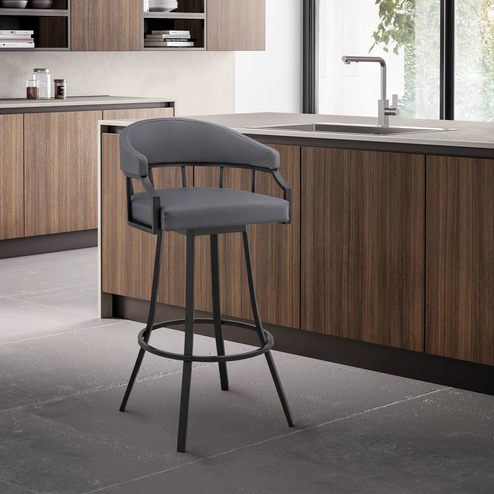 

26" Swivel Slate Gray Faux Leather and Black Metal Bar Stool, folding stool,for kitchen counter,island, bar, or pub table,gray