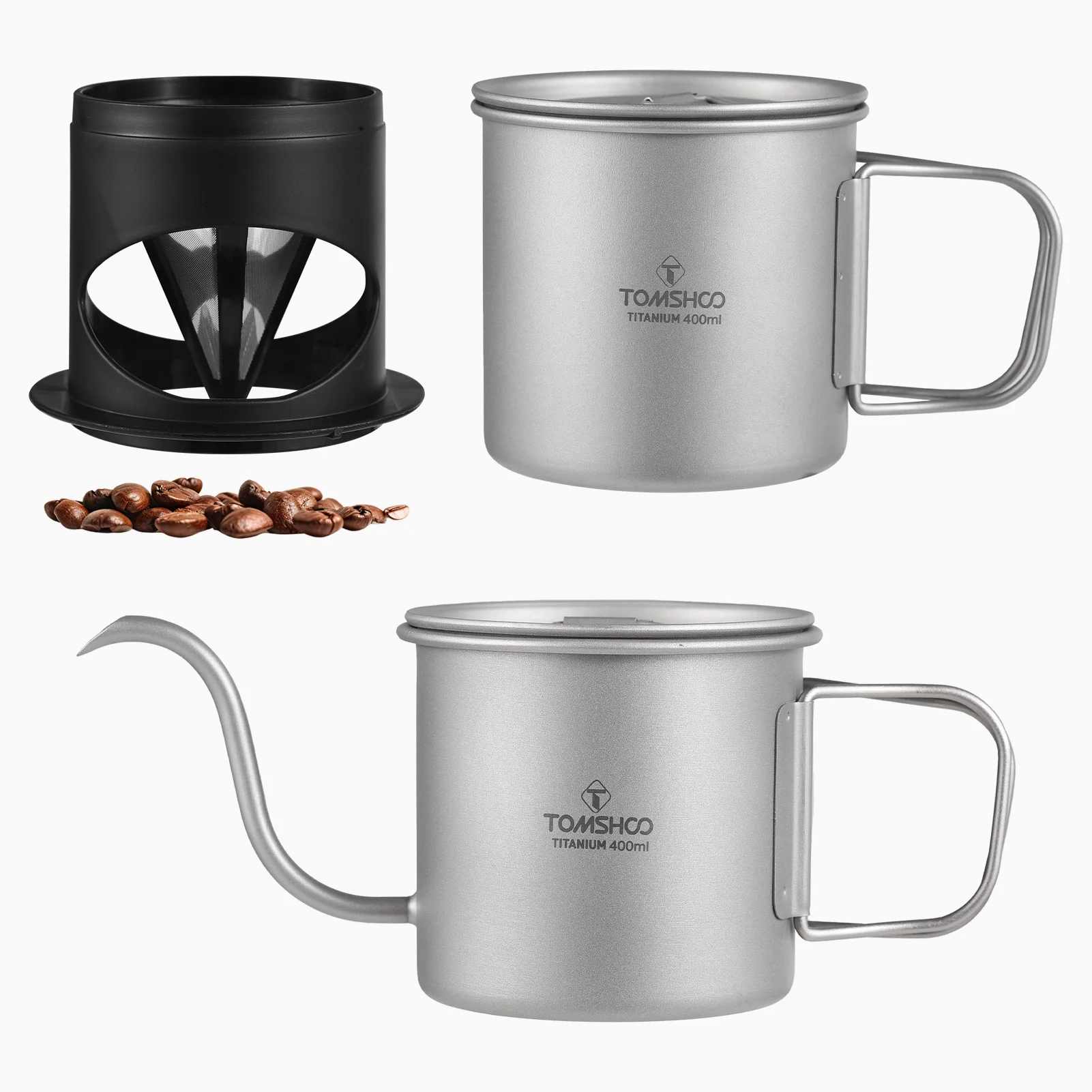 

Camping Coffee Pot Set 400ML Ti Hand Drip Coffee Pot with 400ML Ti Cup & Filter Portable Camping Kettle Lightweight for Outdoor