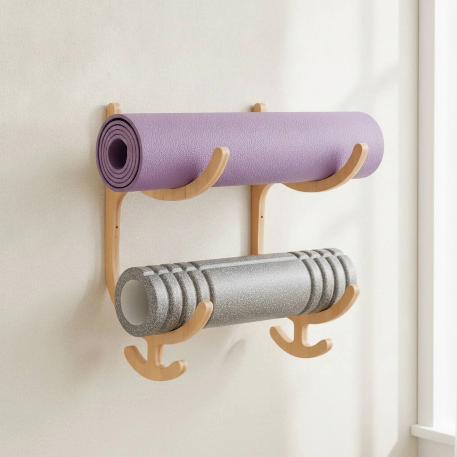 Fitness Mat Rack with Hooks Wooden Fitness Mat Holder with Hooks Gym Accessory Organizer Space-Saving Easy to Install for Yogi