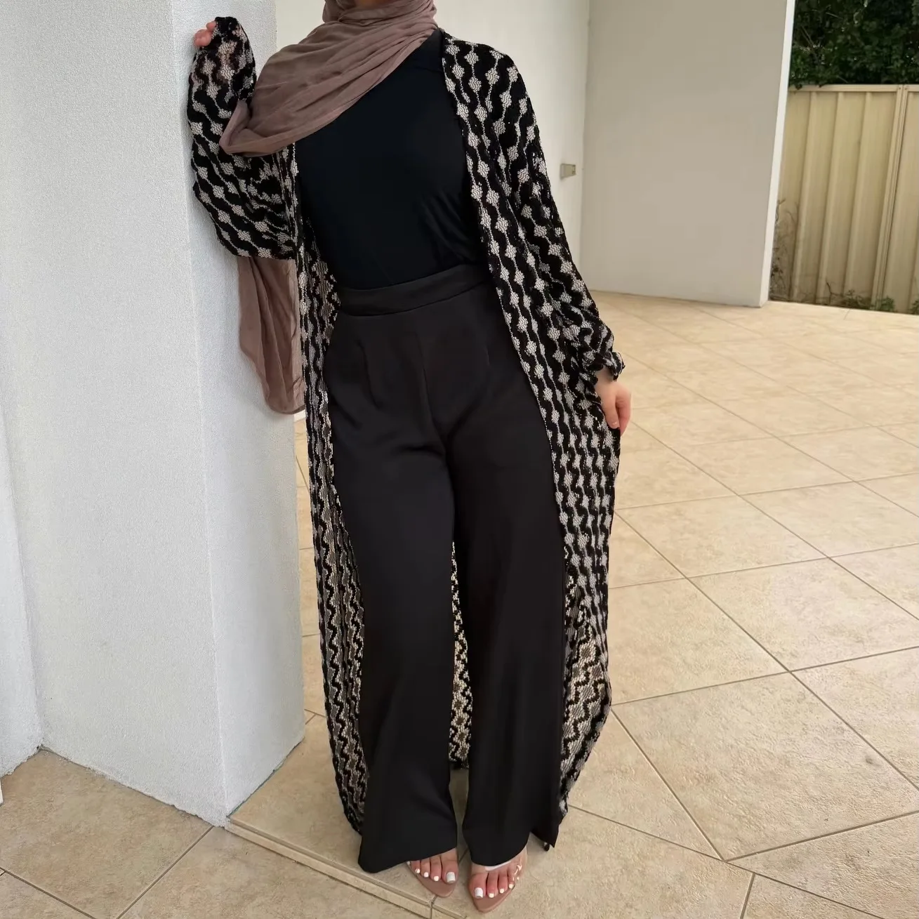 Knitted Crochet Color Block Cardigan Long Sleeve Open Front Kimono Coat with Belt Women Casual Dubai Outerwear Knit Robe Outfit