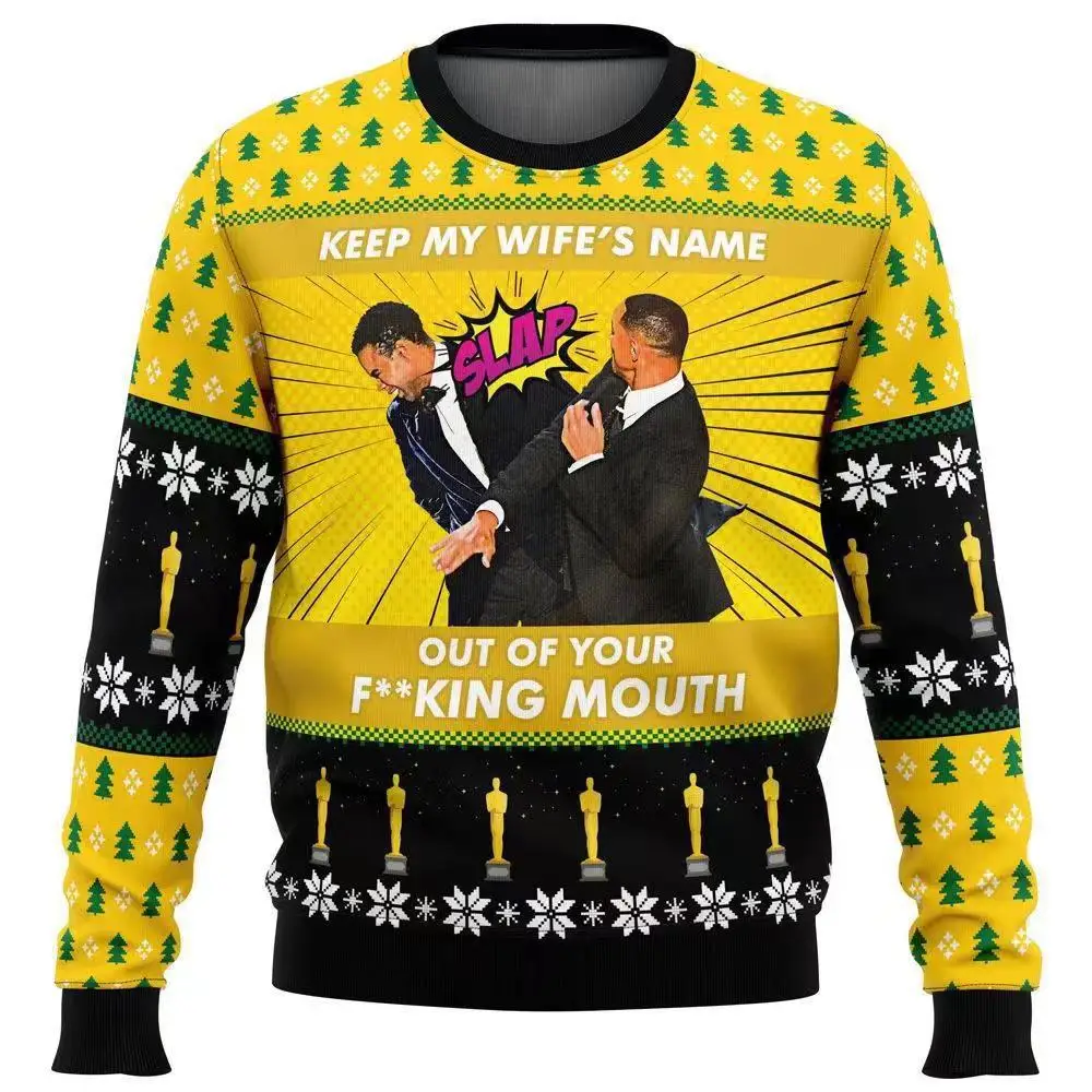 Will Smith Slaps Chris Rock Meme Ugly Christmas Sweater Cartoon Anime Women Men Pullover Top Fashion Couple Hoodie Sweatshirt