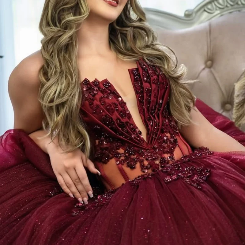 

Блестящие красные платья Quinceanera по индивидуальному заказу с открытыми плечами и аппликацией из пайеток, кружевные рюши, длинный хвост, тюлевой бант, Vestido 15, Quinceanera