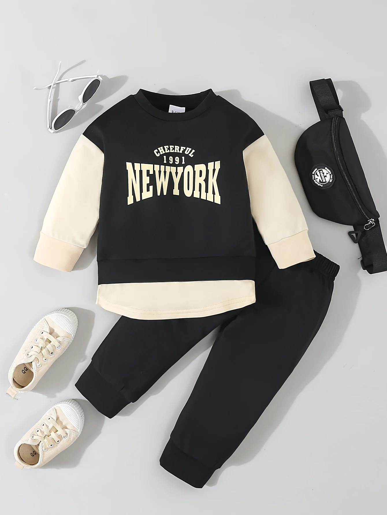 NewYork Alphabet Print Black And White Patchwork Fabric Comfortable Style Fashion Retro Trend Outdoor Sports Spring Set