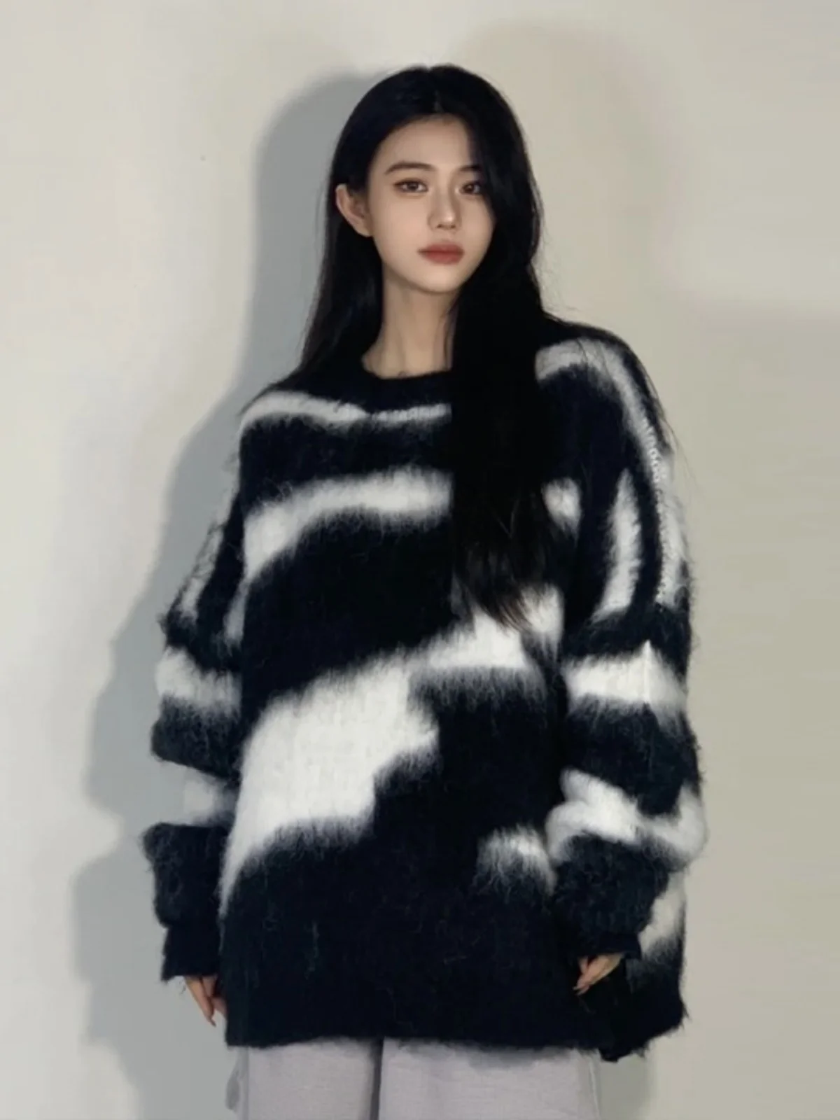 

Soft Faux Mink Knitted Sweater Women's Spring Autumn Lazy Sle Bla White Ma Hai Hair Color Blo Long Sve round Ne Top