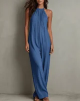 Women Halter Neck Off Shoulder Jumpsuit Sleeveless Loose Wide Leg With Pockets Casual Summer Beach - Image 2