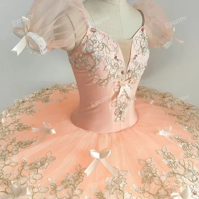 New Champagne Powder Girl Professional Children Ballet Tutu Swan Lake Ballet Group Performance Costume Girl Woman Embroidery Bow image 3