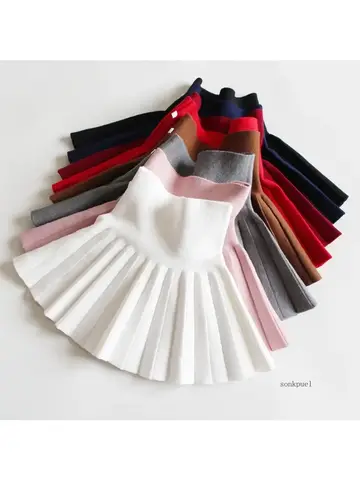 Baby Girls Knit Skirt Autumn Winter Princess Pleated Children School High Waist Mini Tutu Skirts Kids Clothing