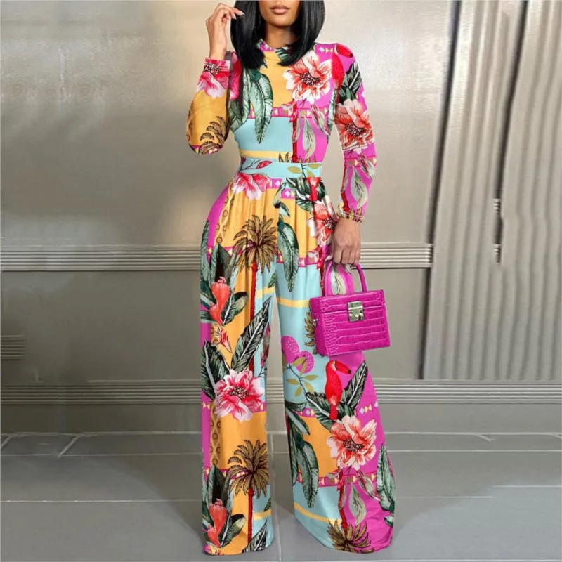 Autumn Winter New Women's Fashion Printed Tight Waist Zipper Wide Leg Long Sleeved Stand Up Collar Jumpsuit For Women