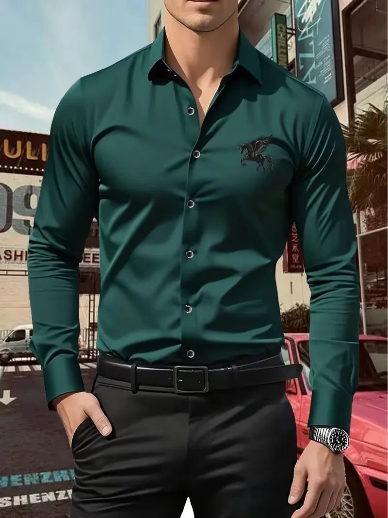 Men's Premium Business Casual Shirt Photo Logo Print Slim Fit Long Sleeve Wrinkle Resistant Dress Shirt Multi Styles Available