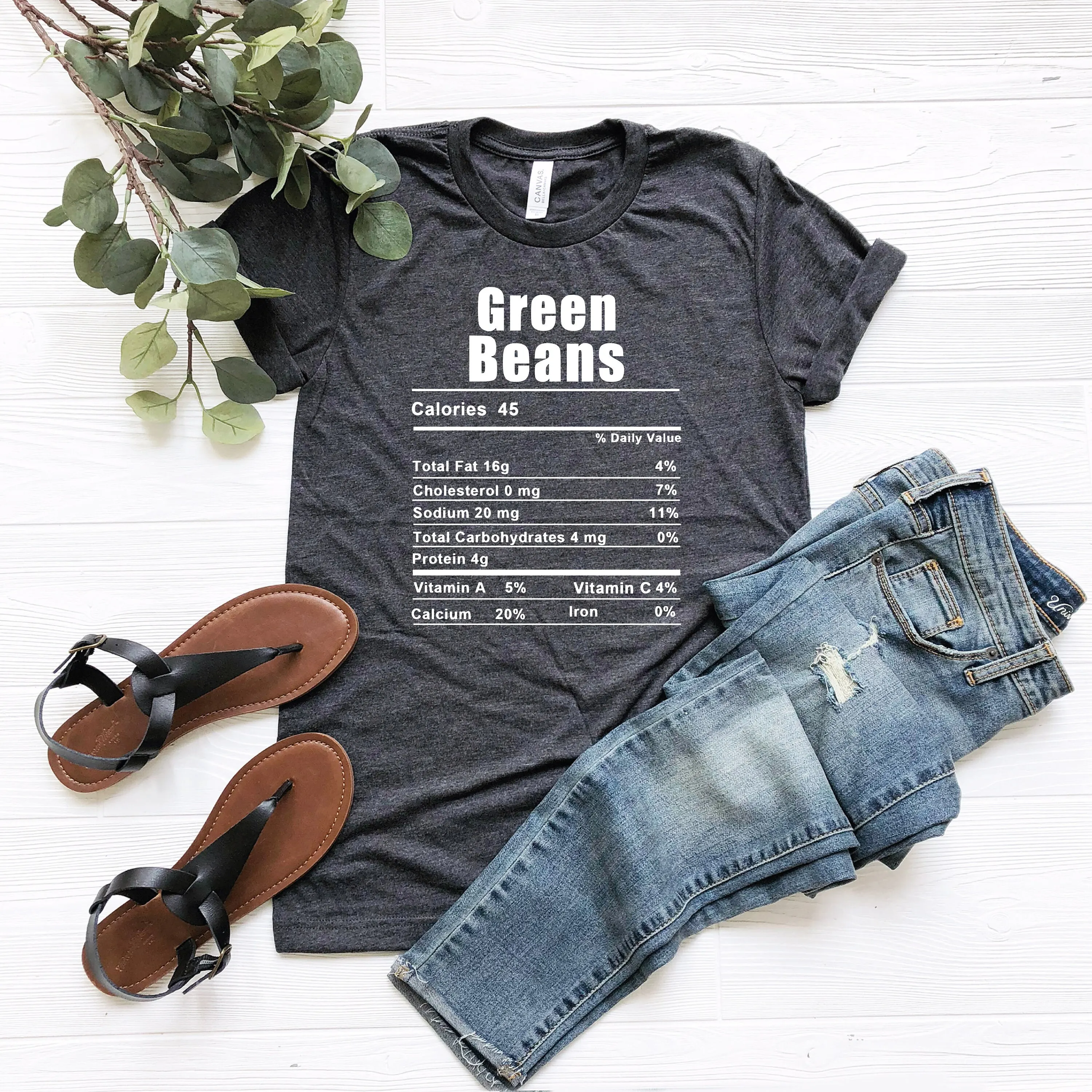 Camiseta de lona con ingredientes de frijoles verdes, Heather Forest Bella, comida suave