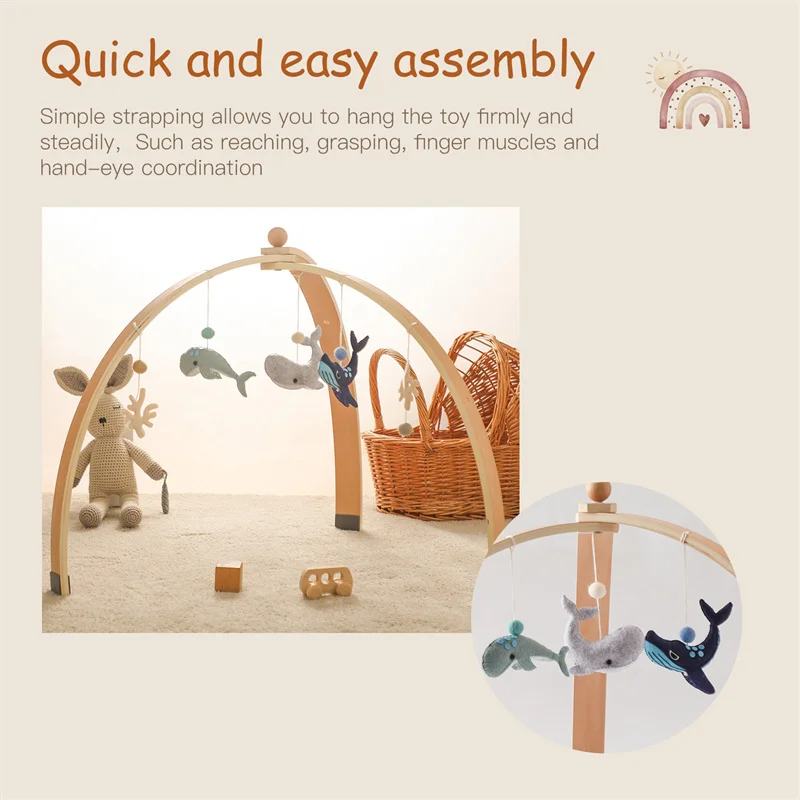 Natural Wooden Game Gym Mobile Pingente de animais marinhos de pelúcia Bebê chocalho mordedor Cadeia de carrinho de roedores Presente pendurado para criança 1 conjunto