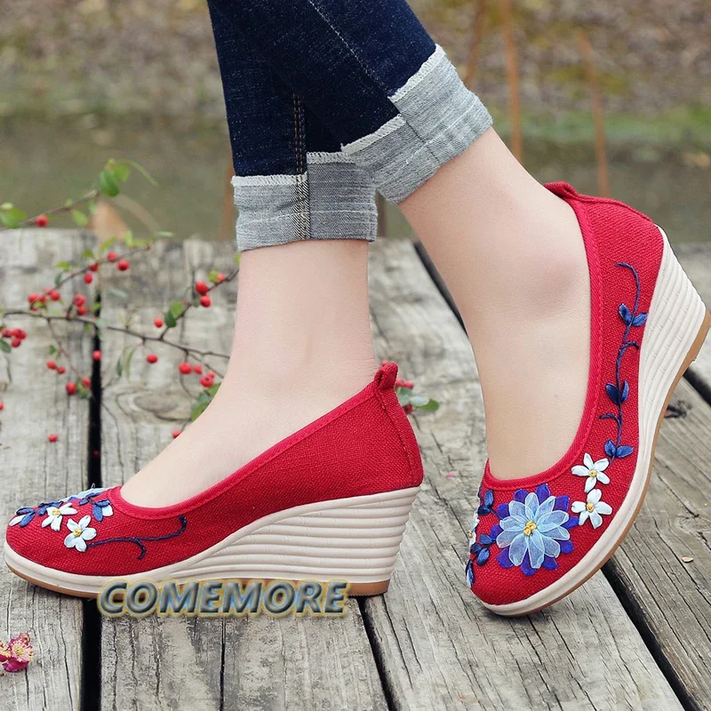 

Spring Autumn New Ethnic Style Single Shoes Cloth Woman Embroidered Bowknot Women's Literary Ladies Wedges Heeled Shoes Comfort