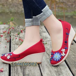 Spring Autumn New Ethnic Style Single Shoes Cloth Woman Embroidered Bowknot Women's Literary Ladies Wedges Heeled Shoes Comfort