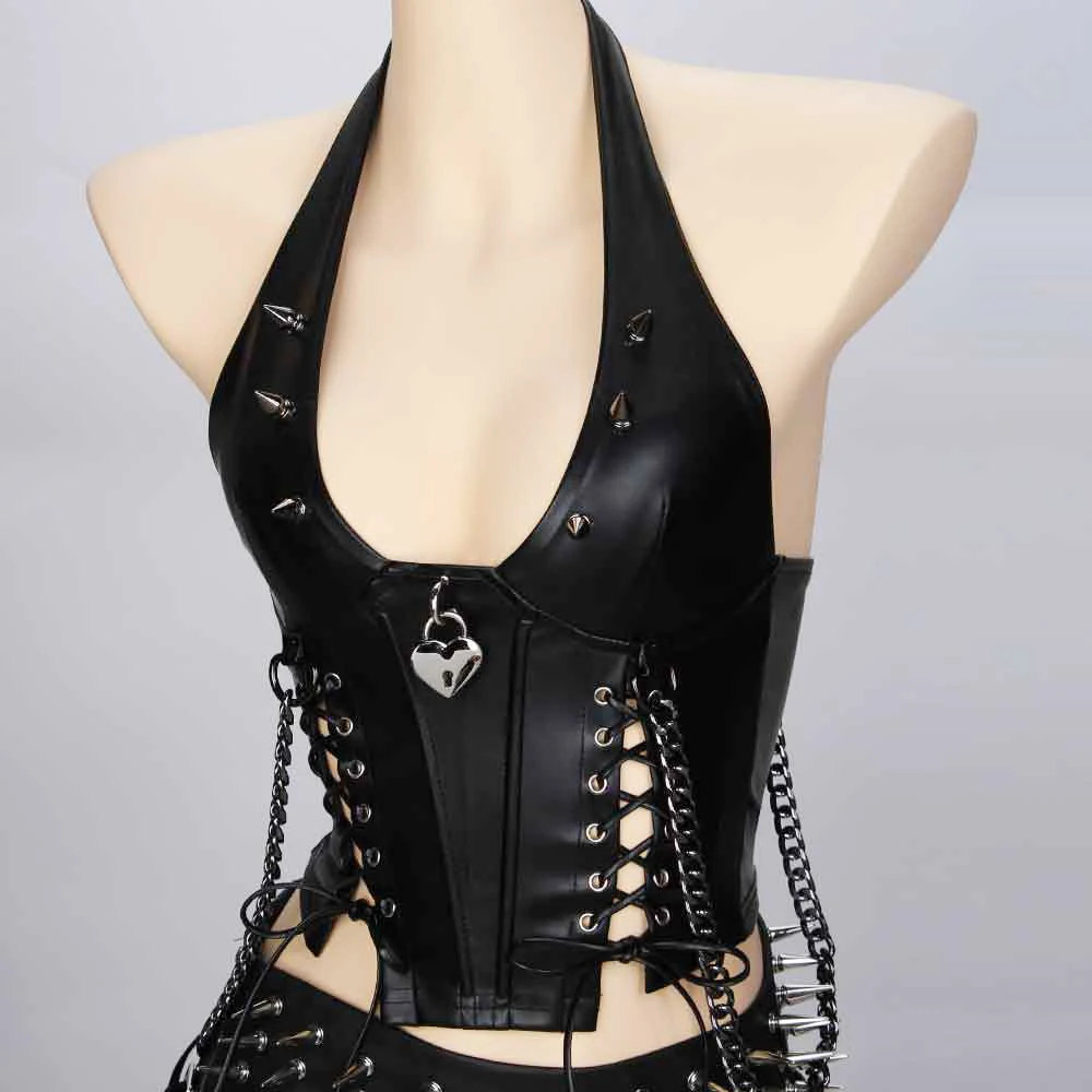 Goth Tops Y2K T-shirt Scene with Spikes Gothic Tank Festival Punk Rock Clothes Grunge Rave Emo Clothing Spiked PU leather Black