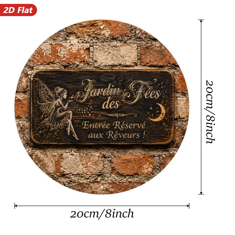 2D Flat,Fairy Garden Dreamers Round Metal Sign Wall Art, Jardin Des Fees French Text, Mystical Sitting Fairy Moon, Home Decor