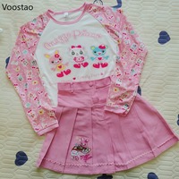 Japanese Kawaii Lolita Style Skirt Set Women Sweet Y2k Print Long Sleeve T-shirts Mini Skirts Suit Female Cute Two Piece Suits