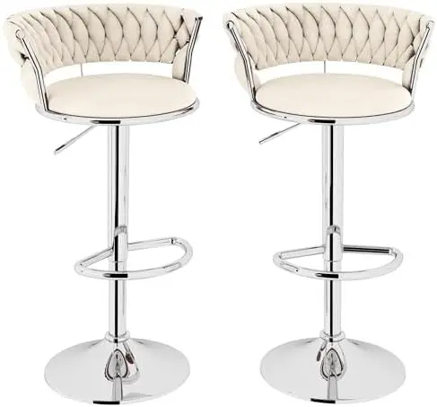 Velvet Bar Stools Set of 2,Swivel Bar Chairs Counter Adjustable Height Barstools with Back & Footrest,Upholstered