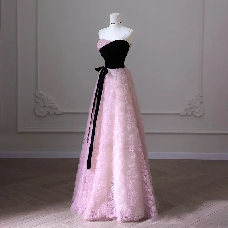 Abendkleid rosa Rose Tüll schwarzer Samt träger lose abnehmbare Ärmel a-Linie boden lang plus Größe Frauen Party formelle Kleider