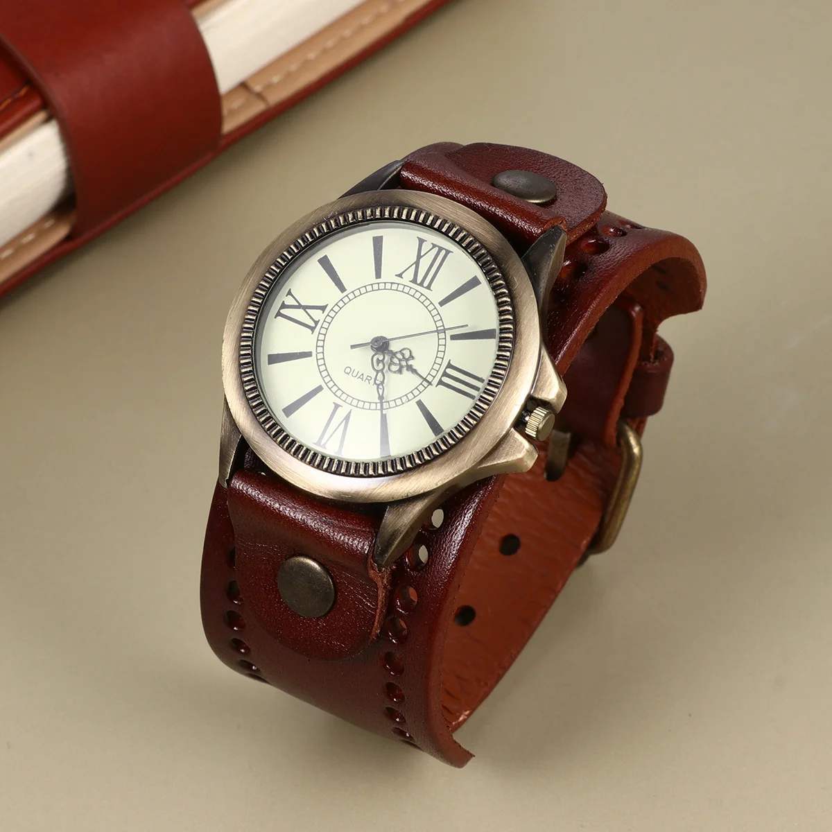 

Bracelet Quartz Wrist Watch Retro Style Vintage Roman Numerals Genuine Cowhide Band Light Coffee Comfortable Stylish