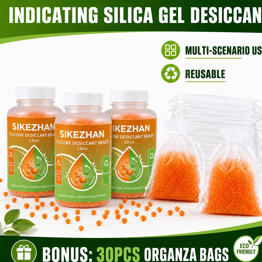 SIKEZHAN +30 Bags! 18oz Orange Indicating Silica Gel Beads Reusable Moisture Absorber Color Changing Desiccant for Camera Safe
