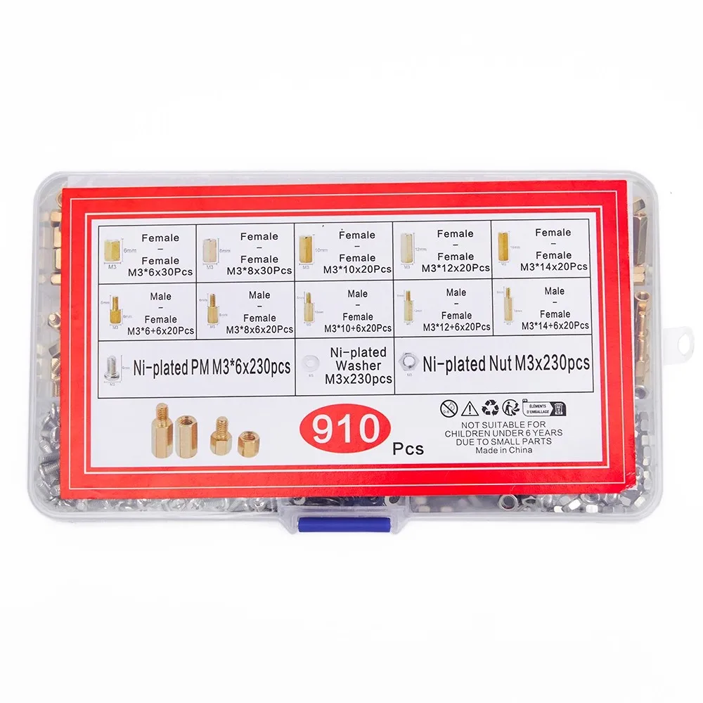 910 шт. M3 * 6 8 10 12 14 медные винты с шестигранной головкой и головкой в штучной упаковке, комбинированная коробка для образцов