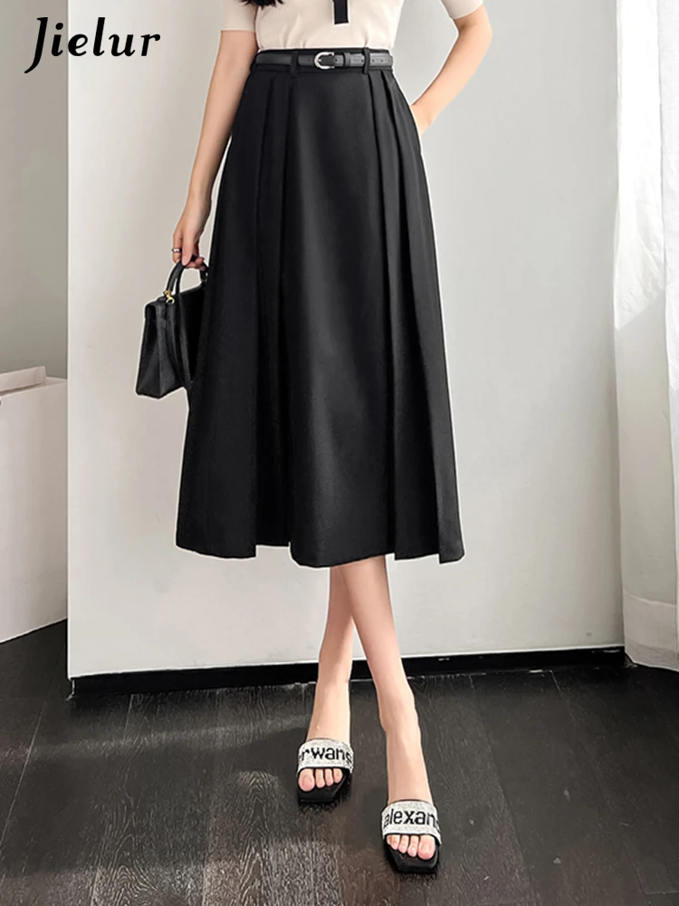 Jielur Green Chic Belt High Waist Slim Women Midi Skirts Basic Simple Office Ladies Pure Color A-line Fashion Female Suit Skirts