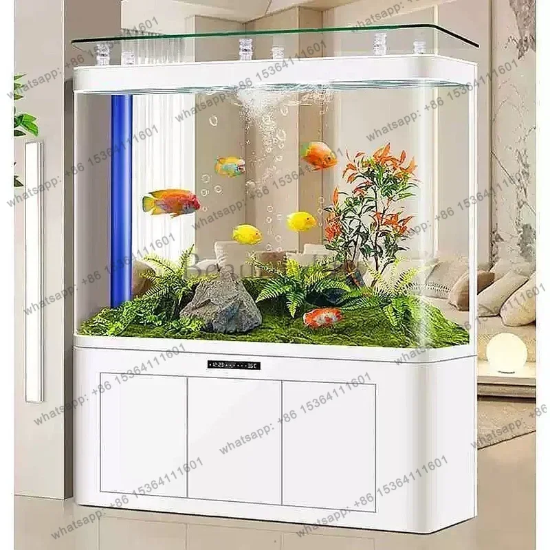 LSEW Large Aquarium Tank Living Room Ecosystem Bottom Filter Curved Glass Floor Display No Water Change Fish Tank U