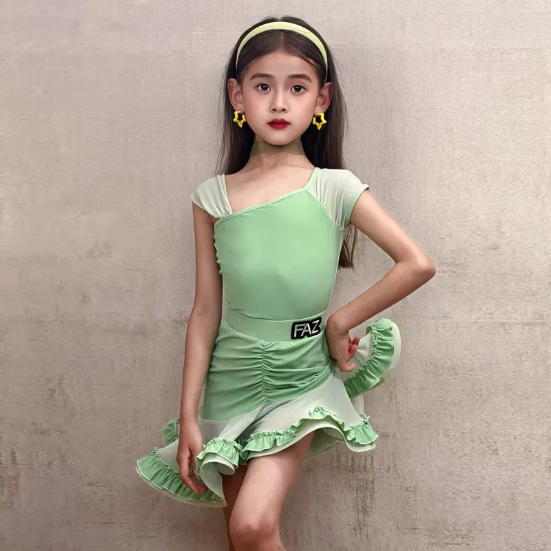 Práctica infantil, disfraz de baile latino, disfraz de práctica de alta gama para niñas, entrenamiento profesional, actuación, práctica de baile, conjunto de traje