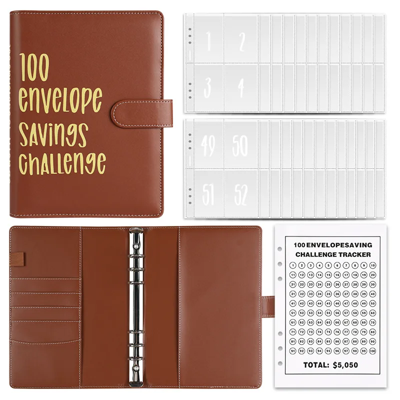 Imagem -04 - Leather Budget Planner com Zipper Pasta de Dinheiro com Bolsos para Notebook Envelopes de Dinheiro Desafio para Orçamento Economize Dinheiro Organizador 100 a5 pu